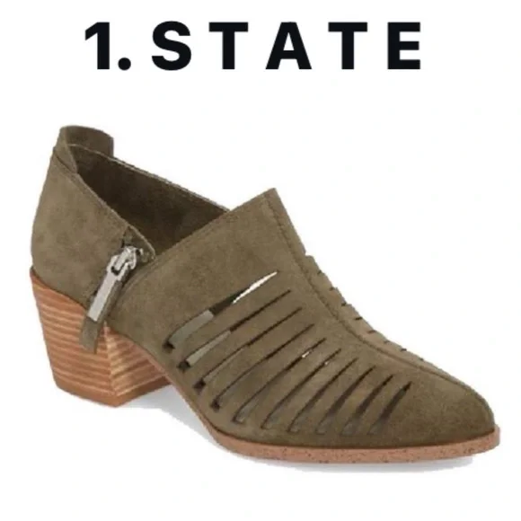1. STATE ARNET OLIVE SUEDE LASER CUT POINTED TOE HEELED ANKLE BOOTIE - Picture 1 of 14
